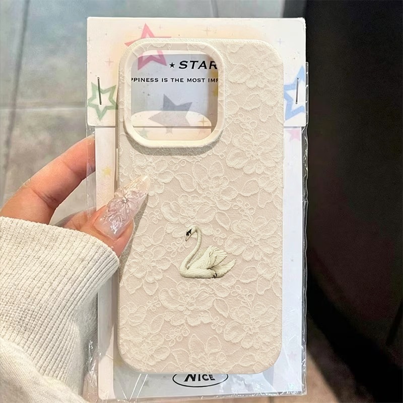 Apple Iphone 16 - Telefoonhoesje met kant-zwaanpatroon en lychee-textuur voor